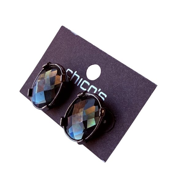 Chico’s Vintage Y2K Faceted Oval Black Glass Post Earrings Gunmetal Setting New - Picture 4 of 7